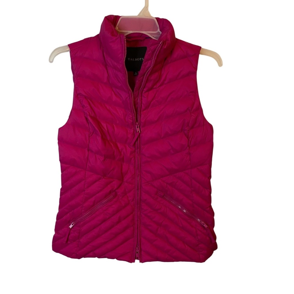 Talbots Womens Pink Quilted Down Puffer Vest Small Chevron Zip Front VN4926